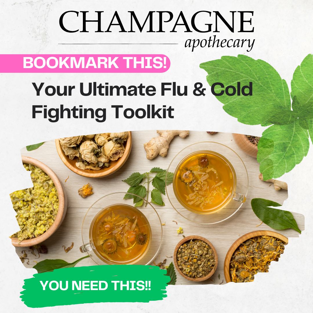 Flu fighting toolkit featuring herbal infusions and natural remedies from Champagne Apothecary, for wellness and self-care.