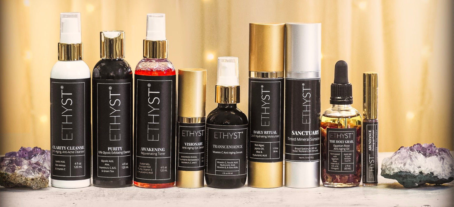 ETHYST® Skincare Say goodbye to The Midlife Skin Crisis © for good ETHYST® skincare combats acne &amp; anti-aging simultaneously Cruelty Free. Paraben Free. Gluten-Free. Vegan. Clean Beauty only at Champagne Apothecary