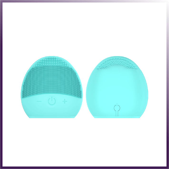 Rechargeable facial cleansing brush in aqua blue color, featuring silicone bristles for deep cleansing and exfoliation.