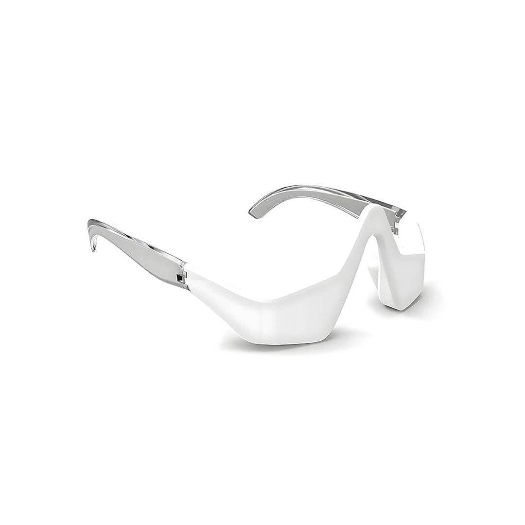 Stylish white and silver glasses designed for under-eye red light therapy treatment.