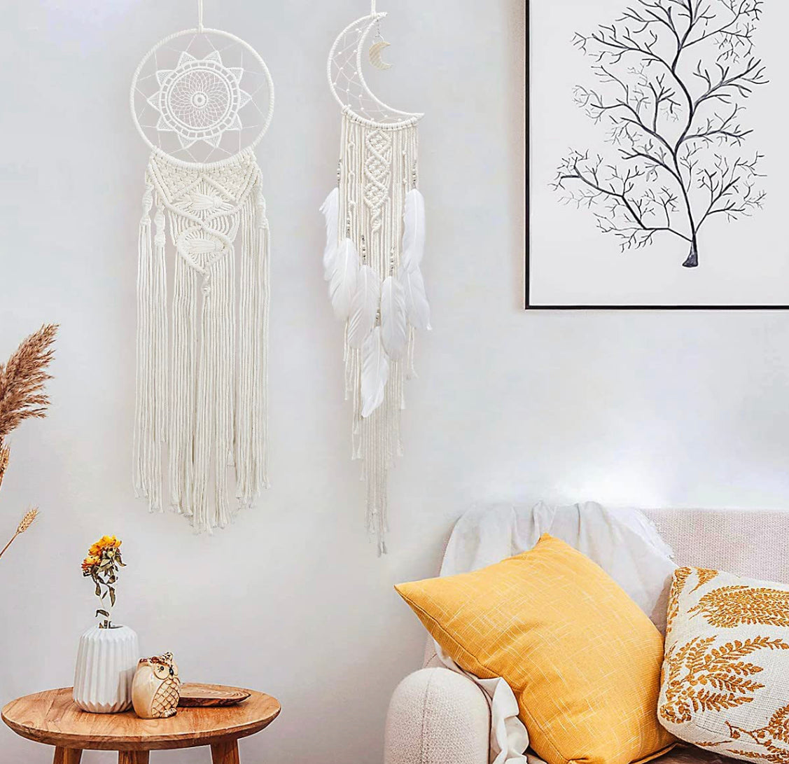 Handmade Boho Moon Sun Macrame Dreamcatcher