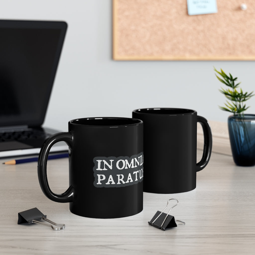 &quot;In Omnia Paratus&quot; 11oz Coffee Mug - Blk / Ice Wht