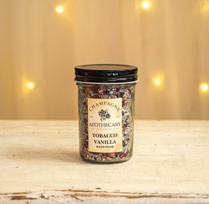 Champagne Apothecary Tobacco Vanilla Bath Soak - These exclusive scented Tobacco Vanilla bath salts will transport you to another era! 8 oz.  - Found at Champagne Apothecary in Westfield, Massachusetts.