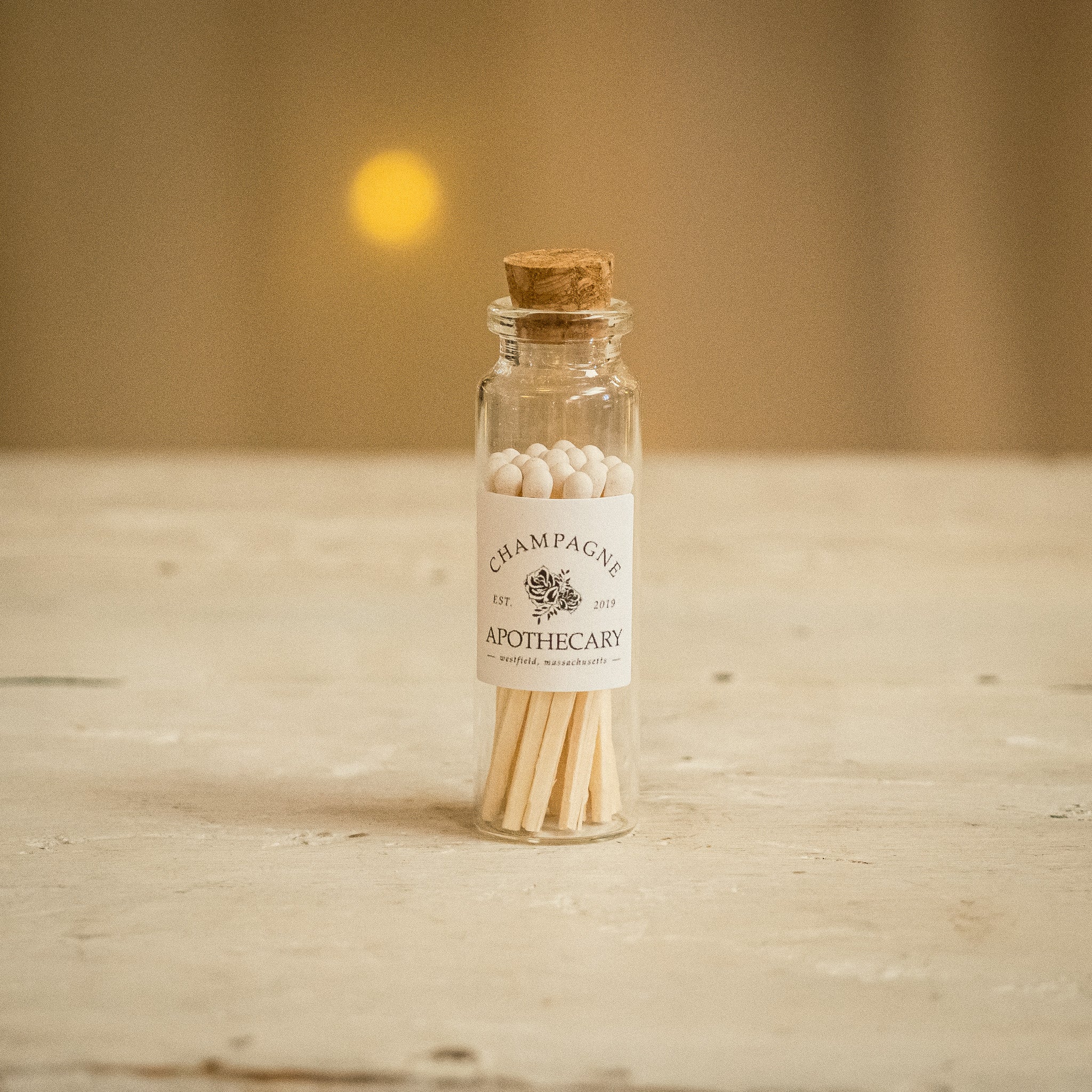 Our signature apothecary matches are a great way to light your favorite Champagne Apothecary 100% Soy Wax Candles! Super cute in their little apothecary bottle. 100% wood stick with a white tip.