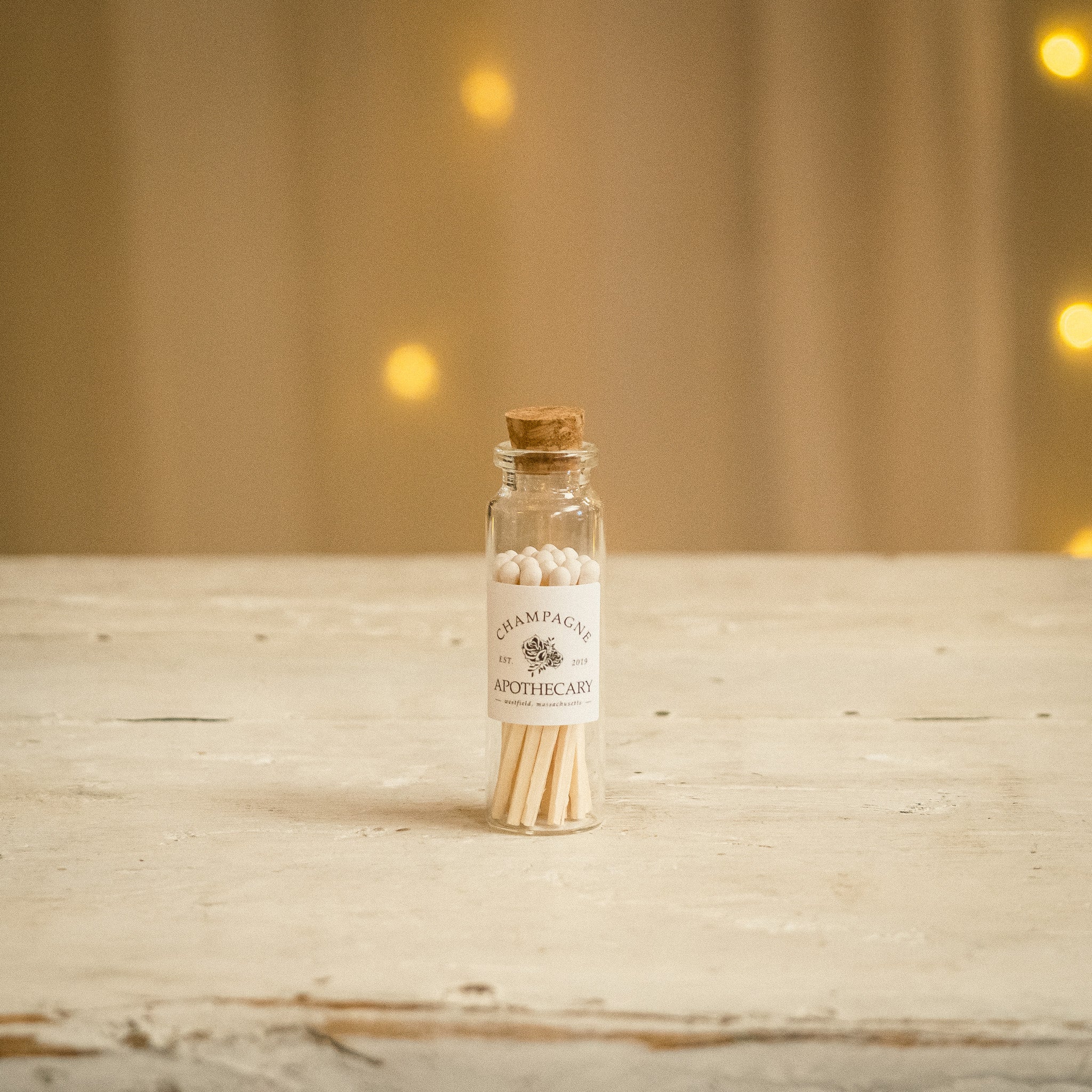 Our signature apothecary matches are a great way to light your favorite Champagne Apothecary 100% Soy Wax Candles! Super cute in their little apothecary bottle. 100% wood stick with a white tip.