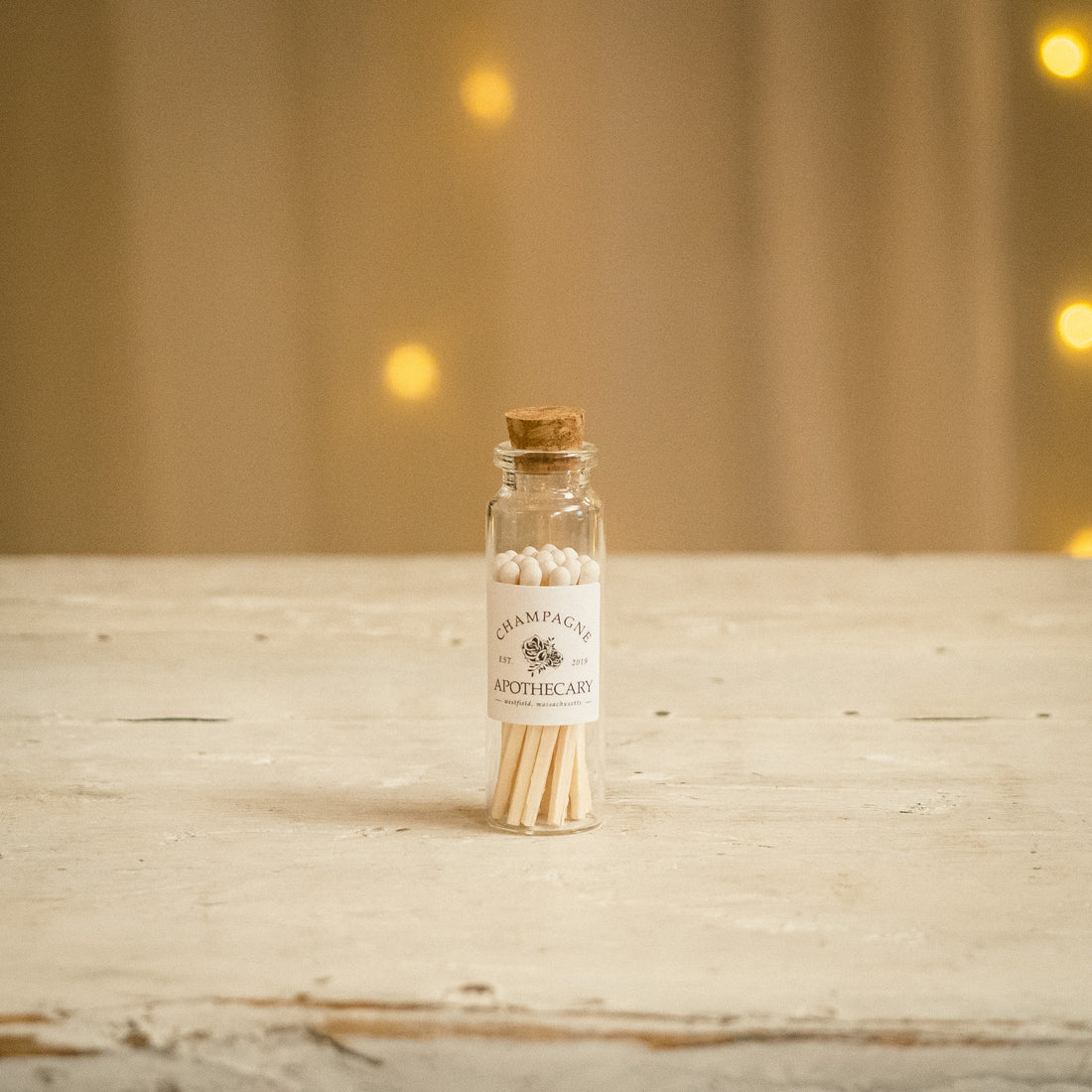 Our signature apothecary matches are a great way to light your favorite Champagne Apothecary 100% Soy Wax Candles! Super cute in their little apothecary bottle. 100% wood stick with a white tip.